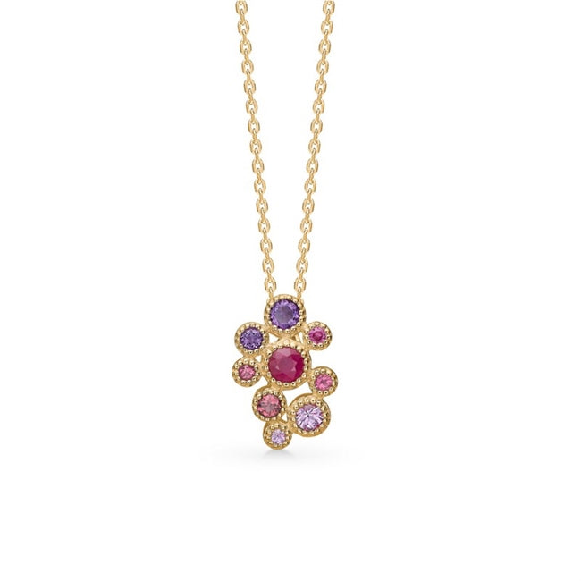 Rainbow vedhæng i 14 kt guld med ametyst, pink safir, pink turmalin og rubin fra Mads Z inkl. ankerkæde 42–45 cm.